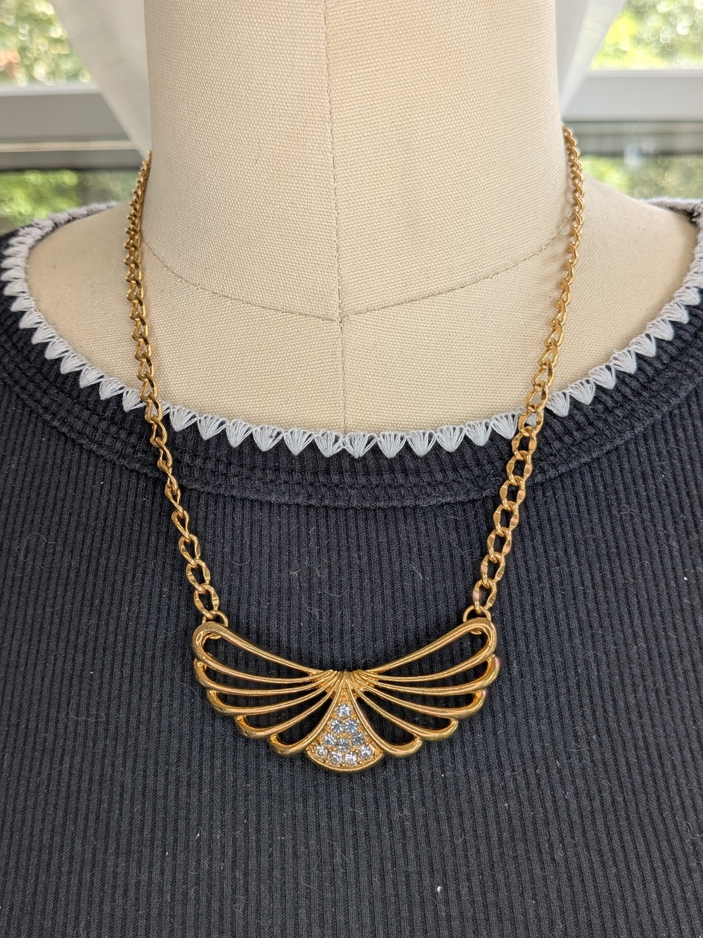 Gold Tone Art Deco Fan Wing Rhinestone Statement Pendant Necklace